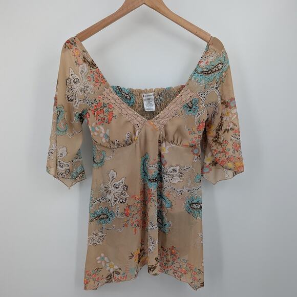 No Boundaries Boho Peasant Blouse Small Juniors S Beige Paisley Sheer Flowy Top - Picture 1 of 3